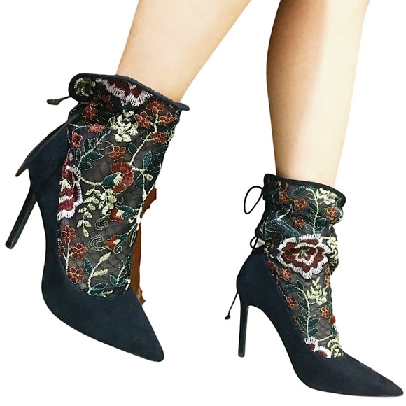 ZARA Black Floral Embroidery Sock Heels - Picture 1 of 14